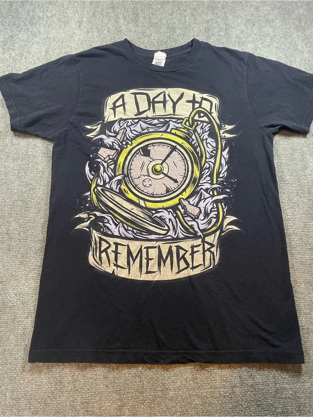 A Day to Remember Black Short Sleeve Tee with Yellow Pocket Watch Graphic